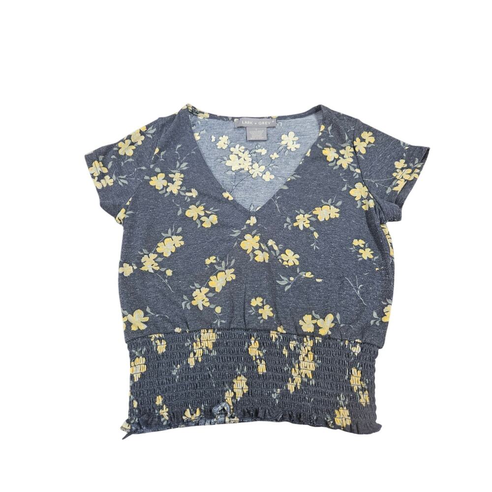 Y2K Babydoll Floral Shirt Top Dark Floral S Smocked Hem Lark + Grey Cap Sleeve